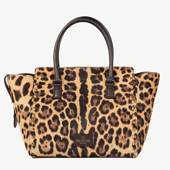Valentino Brown Leopard Calf Hair Golden Rockstud Double Handle Tote - Picture 4 of 15